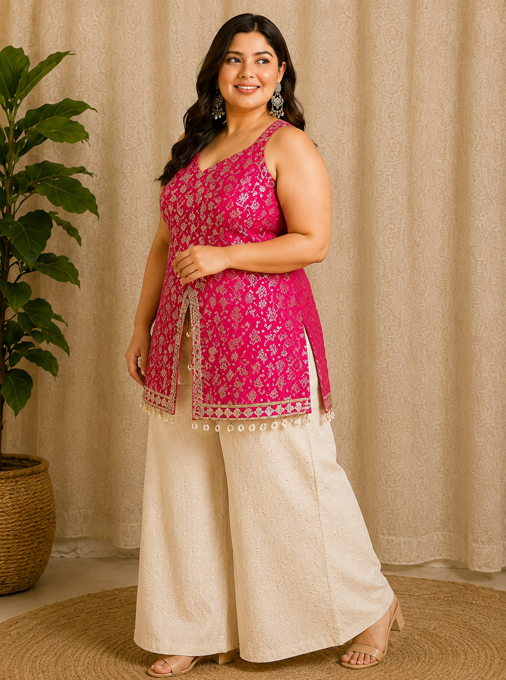 Pink Bloom Sleeveless Short Kurti