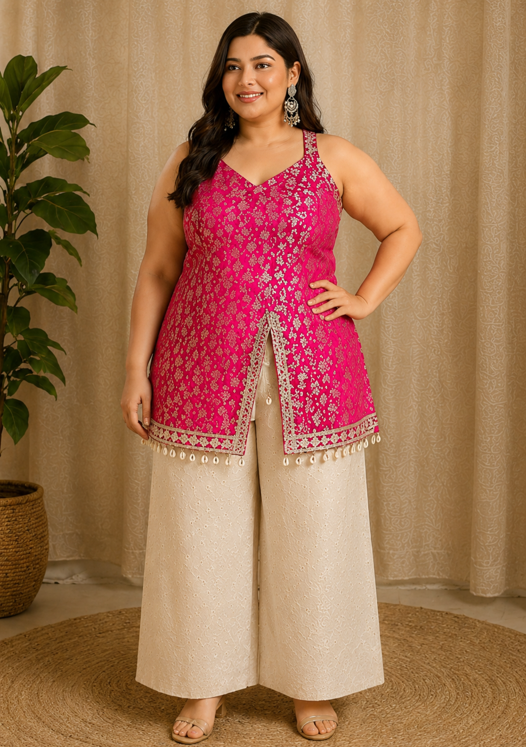 Pink Bloom Sleeveless Short Kurti